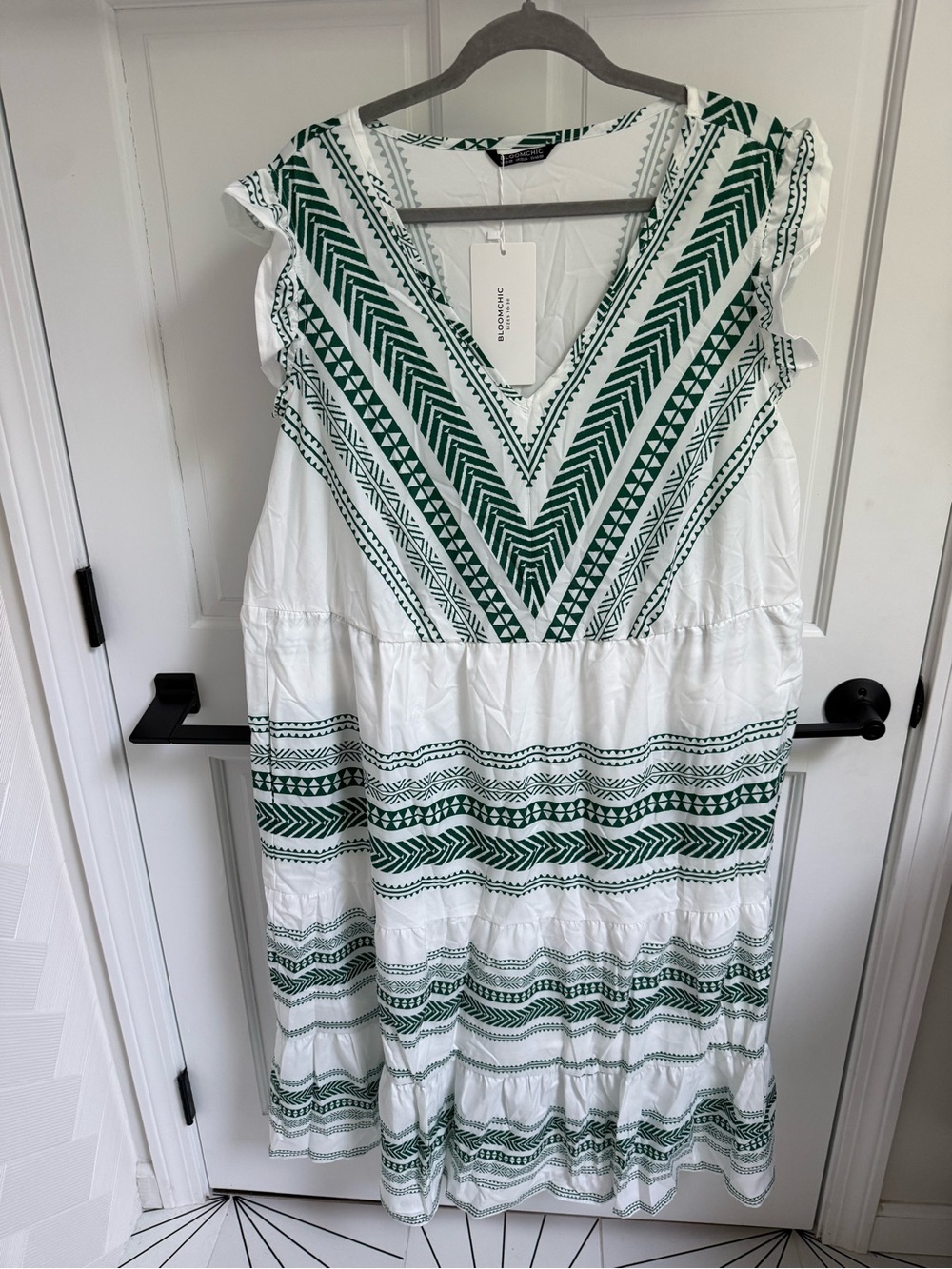 BloomChic White Midi Dress with Green Geometric Embroidery